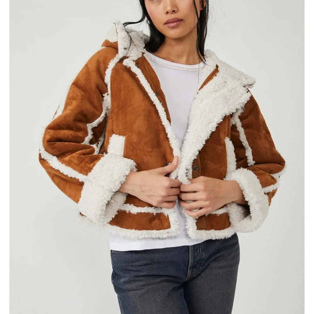 Free People Brown and Cream Leather Jacket - Picture 1 of 9